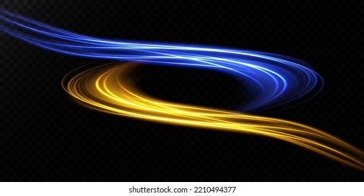 Abstract light lines of movement and speed with blue and yellow sparkles. Light everyday glowing effect. semicircular wave, light trail curve swirl, car headlights, incandescent optical fiber png.
