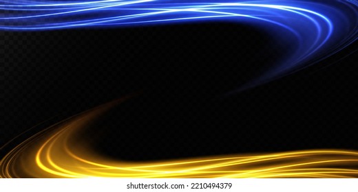 Resumen de líneas de movimiento y velocidad con destellos azules y amarillos. Efecto luminoso diario. onda semicircular, giro de la curva de traza luminosa, faros de coche, png óptico de fibra incandescente.
