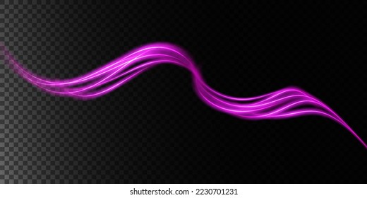 Abstract light lines of movement and speed with purple color sparkles. Light everyday glowing effect. semicircular wave, light trail curve swirl, car headlights, incandescent optical fiber png.
