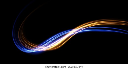 Abstract light lines of movement and speed with blue and yellow sparkles. Light everyday glowing effect. semicircular wave, light trail curve swirl, car headlights, incandescent optical fiber png.
