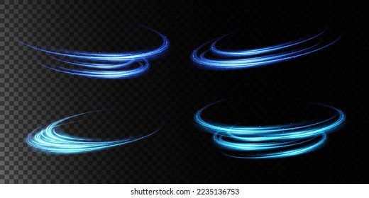 Resumen de líneas de luz de movimiento y velocidad con color azul y destellos. Efecto luminoso diario. onda semicircular, giro de la curva de traza luminosa, png incandescente de fibra óptica.
