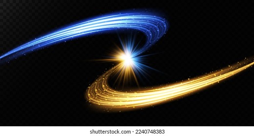 Abstract light lines of movement and speed with blue and yellow sparkles. Light everyday glowing effect. semicircular wave, light trail curve swirl, car headlights, incandescent optical fiber png.
