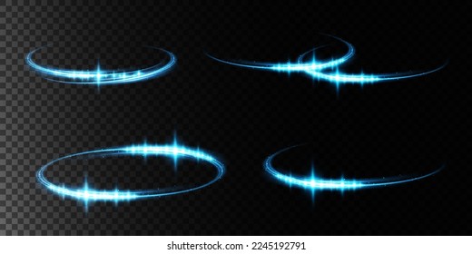 Abstract light lines of movement and speed with blue color and sparkles. Light everyday glowing effect. semicircular wave, light trail curve swirl, optical fiber incandescent png.
