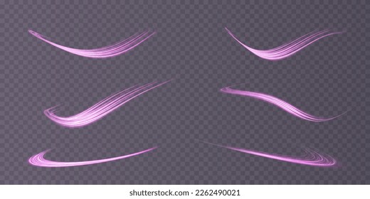 Abstract light lines of movement and speed with purple color sparkles. Light everyday glowing effect. semicircular wave, light trail curve swirl, car headlights, incandescent optical fiber png.
