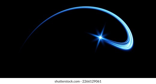 Abstrakte Lichtlinien von Bewegung und Geschwindigkeit. hellblaue Ellipse. Müllgalaxie. Glühendes Podium. Weltraumtunnel. Heller, alltäglicher Lichteffekt. Halbkreiswelle, Lichtwirbel. Helle Spirale.
