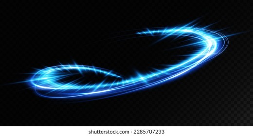 Resumen de líneas de luz de movimiento y velocidad con color azul y destellos. Efecto luminoso diario. onda semicircular, giro de la curva de traza luminosa, png incandescente de fibra óptica.
