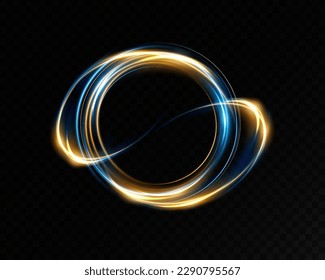 Abstract light lines of movement and speed with blue and yellow sparkles. Light everyday glowing effect. semicircular wave, light trail curve swirl, car headlights, incandescent optical fiber.
