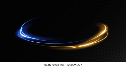 Abstract light lines of movement and speed with blue and yellow sparkles. Light everyday glowing effect. semicircular wave, light trail curve swirl, car headlights, incandescent optical fiber.
