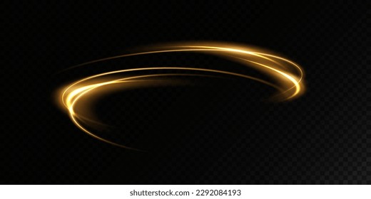 Resumen de líneas de luz de movimiento y velocidad en color dorado. Efecto luminoso diario. onda semicircular, giro de la curva de traza luminosa, incandescencia de fibra óptica.