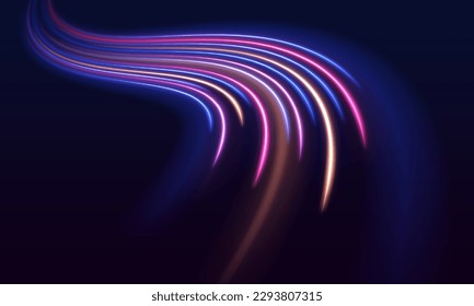 Resumen de líneas de luz de movimiento y velocidad con destellos de color púrpura. Vigas láser brillantes abstractos luminosos aislados en un fondo transparente. Resumen del fondo de las líneas brillantes de color neón.
