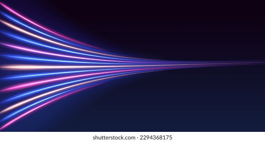 Abstrakte Lichtlinien von Bewegung und Geschwindigkeit mit violetten Farbbrillen. Laser-Balken leuchten abstraktes Funkeln einzeln auf transparentem Hintergrund. Abstrakter neonfarbiger, leuchtender Linienhintergrund.