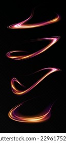 Abstract light lines of movement and speed in gold and pink. Light everyday glowing effect. semicircular wave, light trail curve swirl, optical fiber incandescent png.
