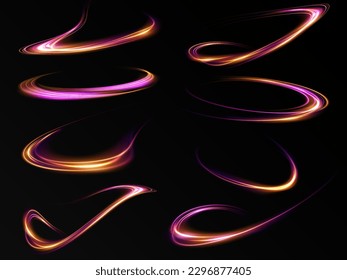 Abstract light lines of movement and speed in gold and pink. Light everyday glowing effect. semicircular wave, light trail curve swirl, optical fiber incandescent png.
