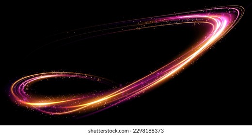 Abstract light lines of movement and speed in gold and pink. Light everyday glowing effect. semicircular wave, light trail curve swirl, optical fiber incandescent png.