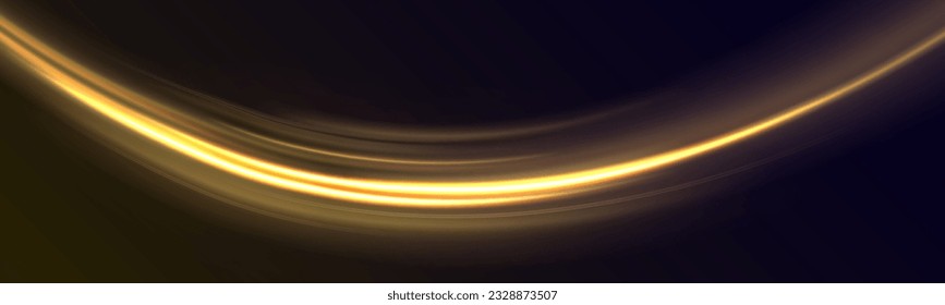 Resumen de líneas de luz de movimiento y velocidad. El rastreo de la pista de la chispa de chispa brillante en el fondo azul oscuro. Luminosidad naranja y amarilla, líneas onduladas de neón abstracto que brillan. Ilustración vectorial.	