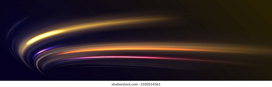Abstrakte Lichtlinien von Bewegung und Geschwindigkeit. Glühende Funkenspur auf dunkelblauem Hintergrund. Orangefarbene und gelbe Leuchtkraft, abstrakte Neonenbewegung leuchtende Linien. Vektorgrafik.	