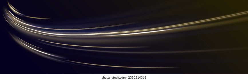 Abstract light lines of movement and speed. Glowing spark swirl trail tracing on dark blue background. Orange and yellow luminosity, abstract neon motion glowing wavy lines. Vector illustration.	