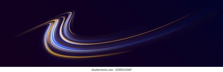 Resumen de líneas de luz de movimiento y velocidad. El rastreo de la pista de la chispa de chispa brillante en el fondo azul oscuro. Luminosidad azul y amarilla, líneas onduladas de movimiento neón abstracto. Ilustración vectorial.	