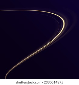 Abstract light lines of movement and speed. Glowing spark swirl trail tracing on dark blue background. Orange and yellow luminosity, abstract neon motion glowing wavy lines. Vector illustration.	