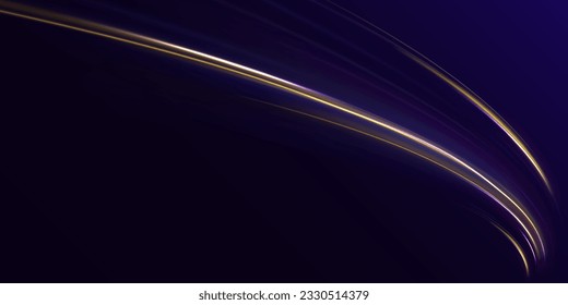 Abstract light lines of movement and speed. Glowing spark swirl trail tracing on dark blue background. Orange and yellow luminosity, abstract neon motion glowing wavy lines. Vector illustration.	