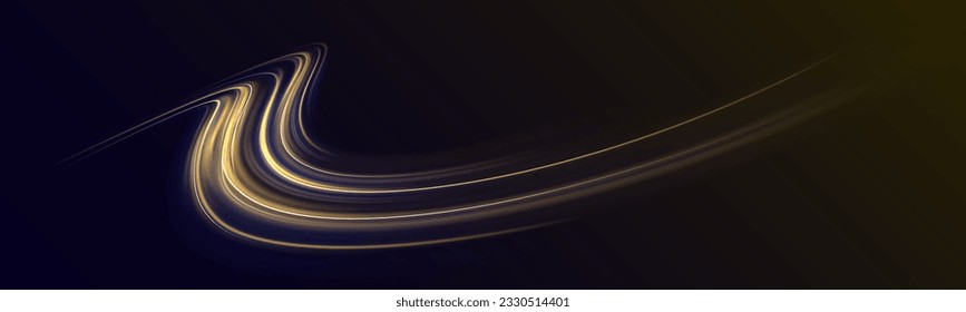 Abstract light lines of movement and speed. Glowing spark swirl trail tracing on dark blue background. Orange and yellow luminosity, abstract neon motion glowing wavy lines. Vector illustration.	