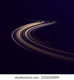 Abstract light lines of movement and speed. Glowing spark swirl trail tracing on dark blue background. Orange and yellow luminosity, abstract neon motion glowing wavy lines. Vector illustration.	