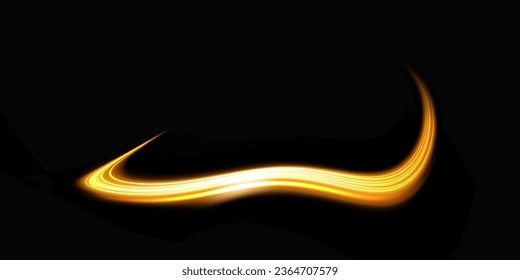 Abstract light lines of movement and speed in golden color. Light everyday glowing effect. semicircular wave, light trail curve swirl, optical fiber incandescent png.