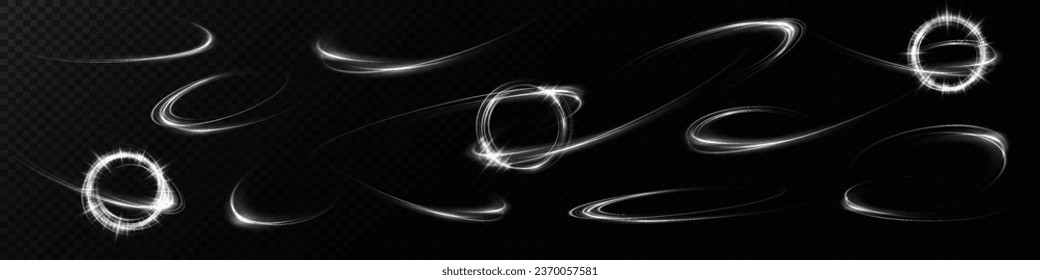 Abstract light lines of movement speed, white color. Light everyday glow effect. semicircular wave, light trail curve vortex, incandescent optical fiber png.

