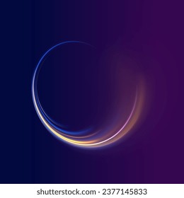 Resumen de líneas de movimiento y velocidad con destellos azules y amarillos. Carretera iluminada de alta velocidad de circulación por la noche. Líneas curvas lisas y onduladas brillantes. Luminosas líneas de neón dorado.