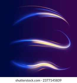 Abstract light lines of movement and speed with blue and yellow sparkles. Illuminated high speed traffic motion road at night. Wavy glowing bright smooth curved lines. Shining golden neon lines.