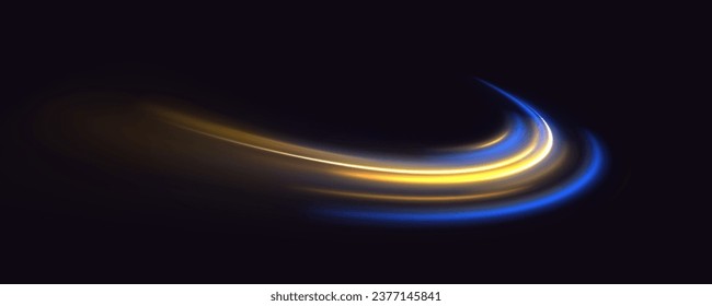 Abstract light lines of movement and speed with blue and yellow sparkles. Illuminated high speed traffic motion road at night. Wavy glowing bright smooth curved lines. Shining golden neon lines.