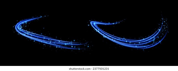 Abstract light lines of movement and speed with blue color sparkles. Light everyday glowing effect. semicircular wave, light trail curve swirl, car headlights, incandescent optical fiber png.	