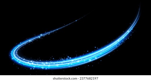 Líneas de luz abstractas de movimiento y velocidad con destellos de color azul. Efecto luminoso diario. onda semicircular, giro de la curva de traza luminosa, faros de coche, png óptico de fibra incandescente.