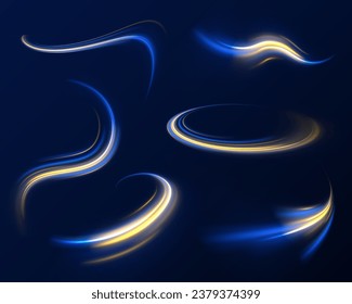 Abstract light lines of movement and speed with blue and yellow sparkles. Illuminated high speed traffic motion road at night. Wavy glowing bright smooth curved lines. Shining golden neon lines.