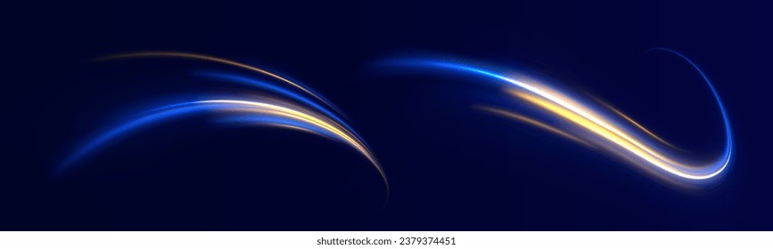Abstract light lines of movement and speed with blue and yellow sparkles. Illuminated high speed traffic motion road at night. Wavy glowing bright smooth curved lines. Shining golden neon lines.