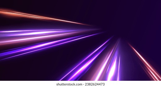 Abstract light lines of movement and speed in neon color. Beautiful glow light flare and spark. Red blue special effect, speed police line. Car road silhouette with light and motion effect.	