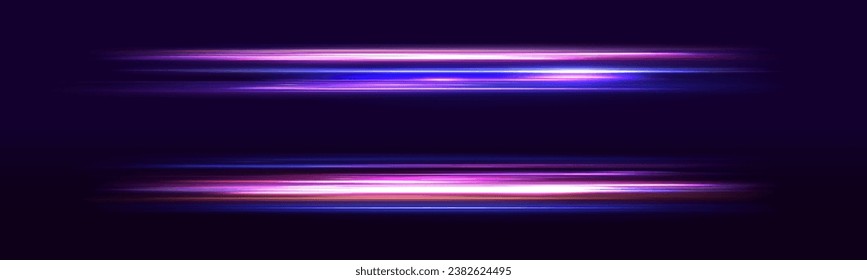 Abstract light lines of movement and speed in neon color. Beautiful glow light flare and spark. Red blue special effect, speed police line. Car road silhouette with light and motion effect.	