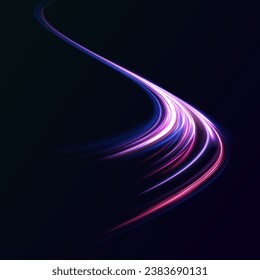Abstract light lines of movement and speed in neon color. Beautiful glow light flare and spark. Red blue special effect, speed police line. Car road silhouette with light and motion effect.	