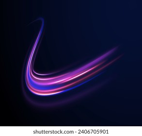Resumen de líneas de luz de movimiento y velocidad en color neón. Visualización del tráfico de grandes datos, tráfico dinámico de transmisión de datos de alta velocidad. Giro vectorial.