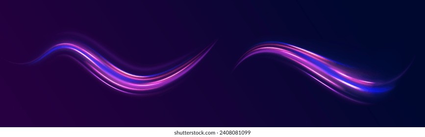 Abstract light lines of movement and speed in neon color. Big data traffic visualization, dynamic high speed data streaming traffic. Vector twist.