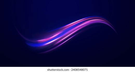 Abstract light lines of movement and speed in neon color. Big data traffic visualization, dynamic high speed data streaming traffic. Vector twist.