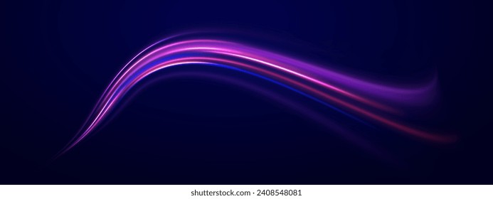 Abstract light lines of movement and speed in neon color. Big data traffic visualization, dynamic high speed data streaming traffic. Vector twist.