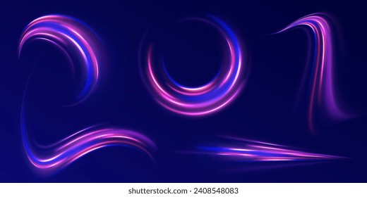 Resumen de líneas de luz de movimiento y velocidad en color neón. Visualización del tráfico de grandes datos, tráfico dinámico de transmisión de datos de alta velocidad. Giro vectorial.