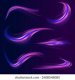 Abstract light lines of movement and speed in neon color. Big data traffic visualization, dynamic high speed data streaming traffic. Vector twist.