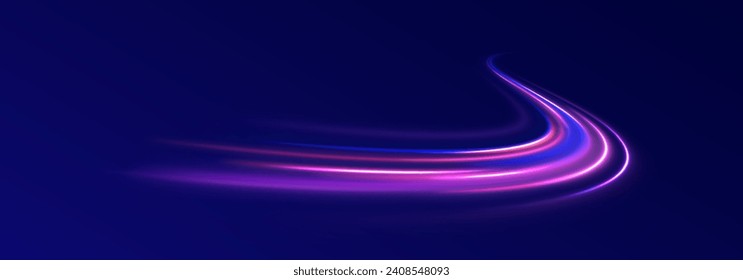 Resumen de líneas de luz de movimiento y velocidad en color neón. Visualización del tráfico de grandes datos, tráfico dinámico de transmisión de datos de alta velocidad. Giro vectorial.