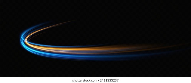 	
Abstract light lines of movement and speed with blue and yellow sparkles. glowing vortex. The effect of moving at the speed of light. Easy trail. Shiny wavy path. Vector.Neon light.