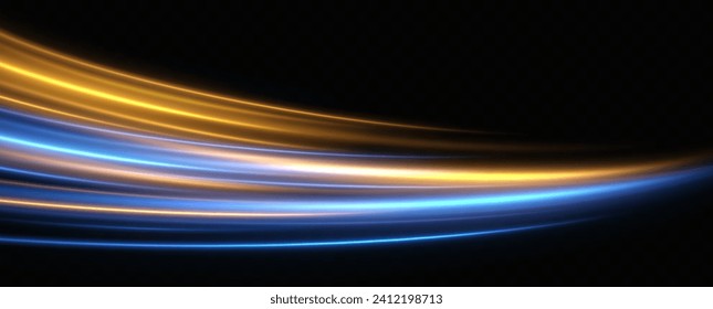 Resumen de líneas de movimiento y velocidad con destellos azules y amarillos. vorágine brillante. El efecto de moverse a la velocidad de la luz. Un camino fácil. Sendero ondulado brillante. Vector.Luz neón.