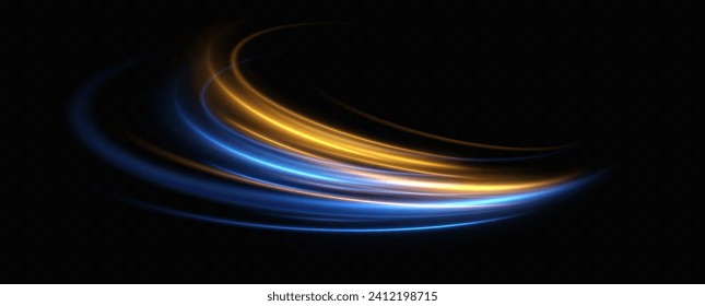 Abstract light lines of movement and speed with blue and yellow sparkles. glowing vortex. The effect of moving at the speed of light. Easy trail. Shiny wavy path. Vector.Neon light.