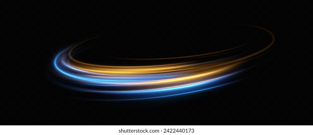 	
Abstract light lines of movement and speed with blue and yellow sparkles. glowing vortex. The effect of moving at the speed of light. Easy trail. Shiny wavy path. Vector.Neon light.