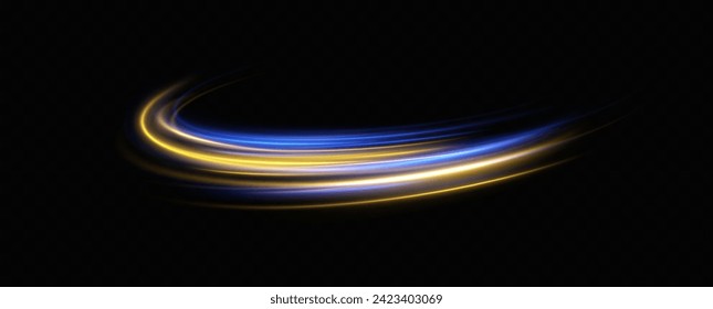 Resumen de líneas de movimiento y velocidad con destellos azules y amarillos. vorágine brillante. El efecto de moverse a la velocidad de la luz. Un camino fácil. Sendero ondulado brillante. Vector.Luz neón.